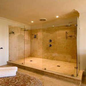 Centre walk in shower Two Screens with Glass Support Shelves