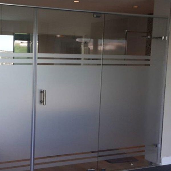 Frameless Pivot Door with In line Panel and Header Rail