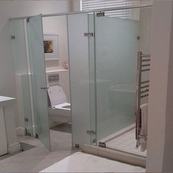 Frameless Sandblasted Toilet Enclosure and Shower Enclosure With Header Rail